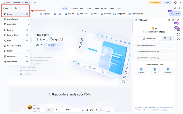 pdnob open a pdf file