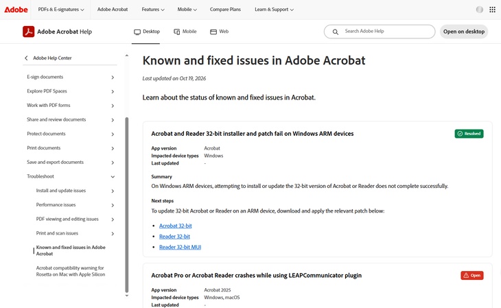 acrobat fixed issues