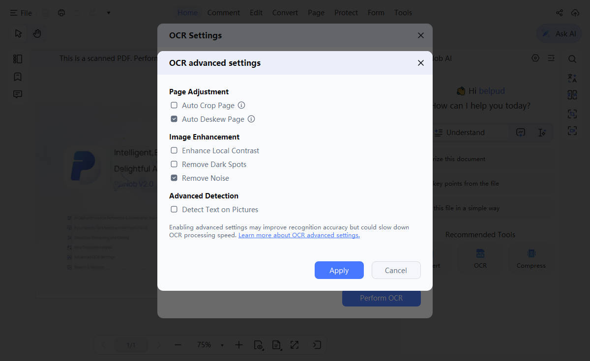 PDNob OCR settings