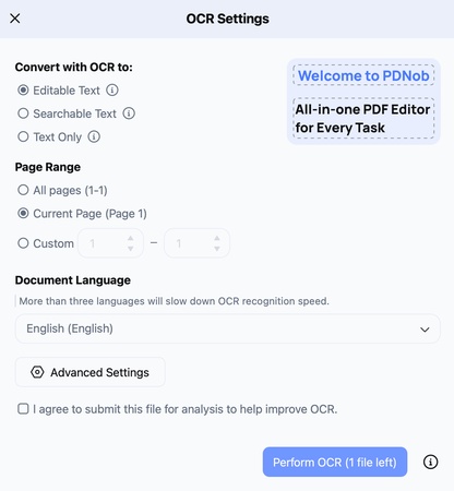 adjust settings and click perform ocr