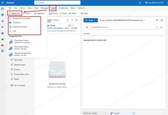 attach email pdf in outlook web