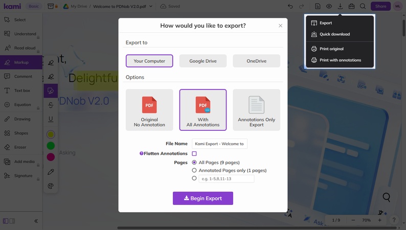 export pdf from kami
