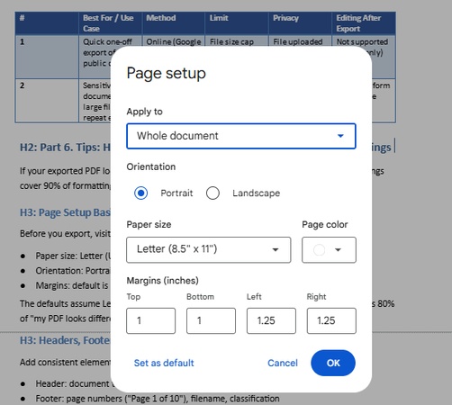 page setup