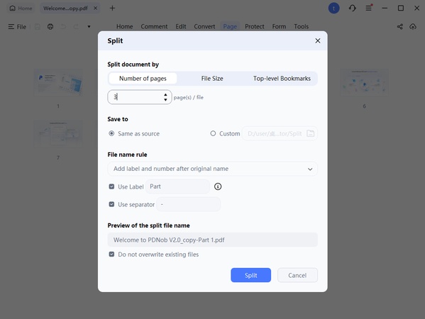 set split page number
