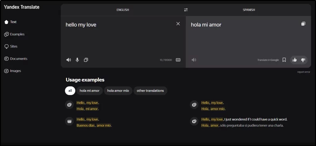 Yandex translate interface