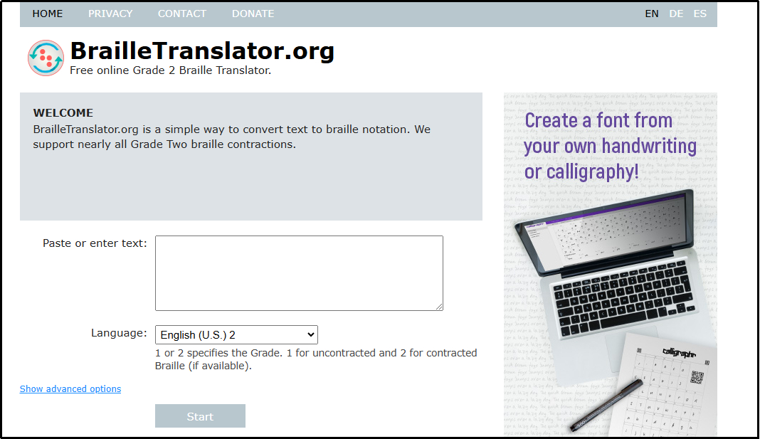 braille translator homepage interface