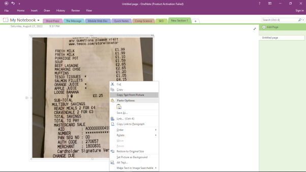 copy receipt text from picture