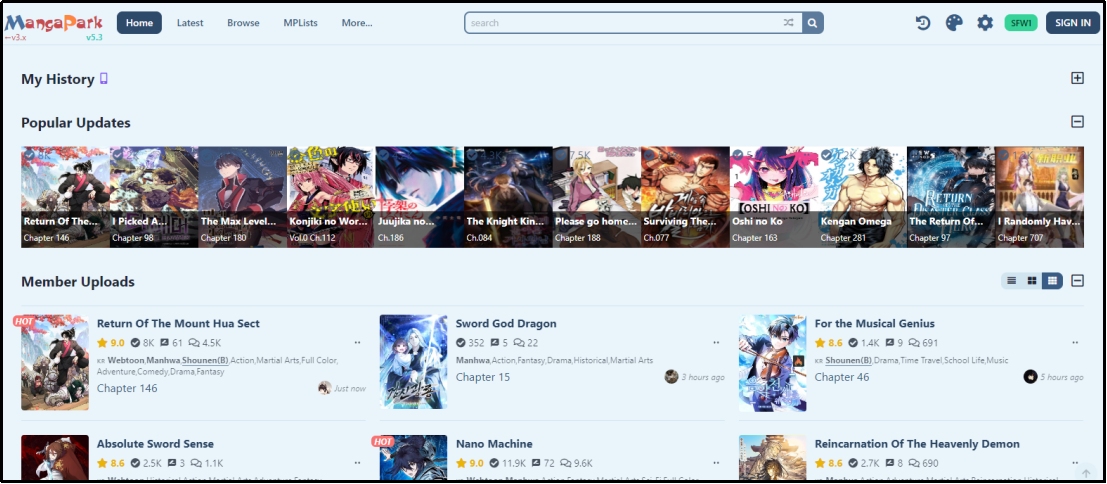 mangapark homepage interface