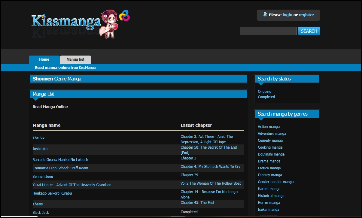 kissmanga homepage interface