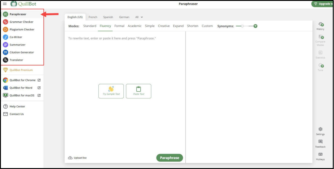 quillbot interface and tools