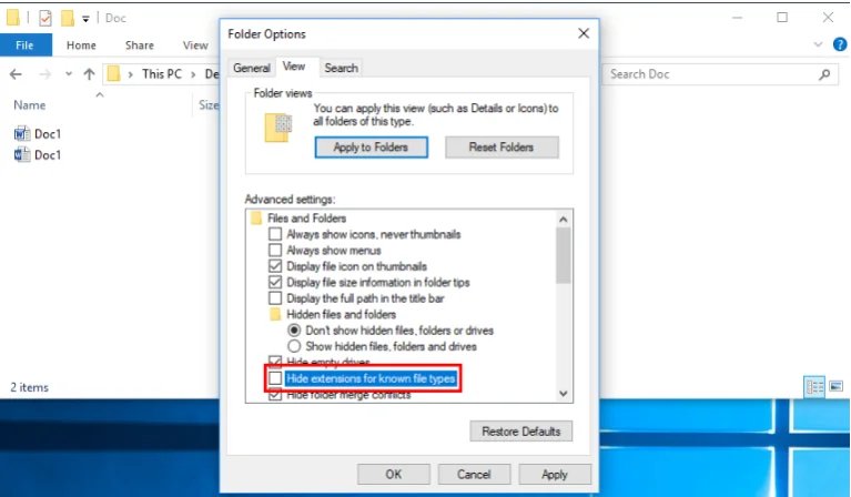 uncheck hide extension for known file types