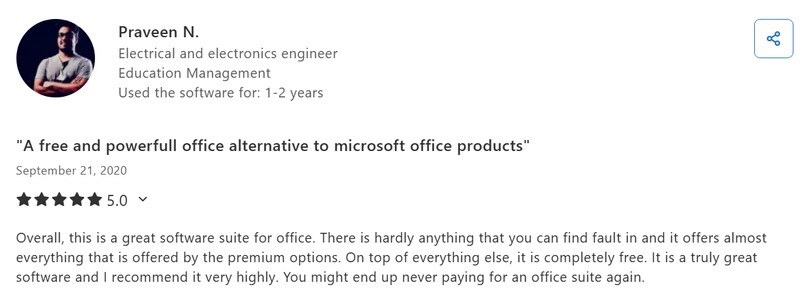 a capterra user praising the full suite of libreoffice pdf editor
