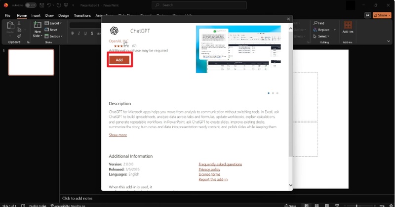 add chatgpt microsoft powerponint add in
