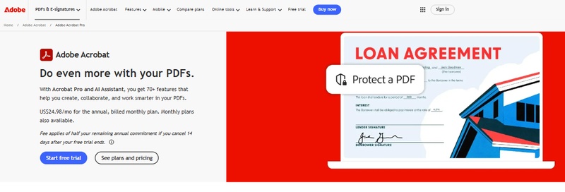adobe acrobat homepage showing pdf editor features