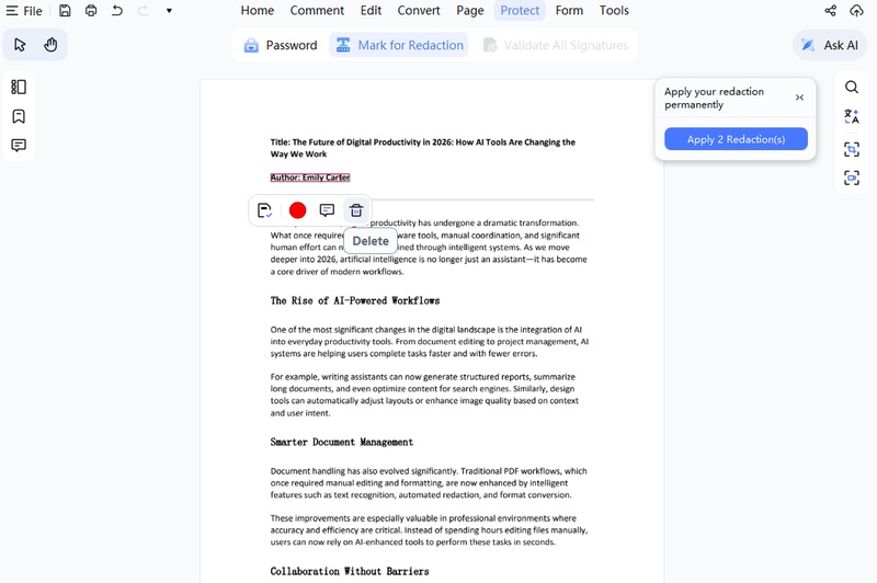 apply redaction on pdnob