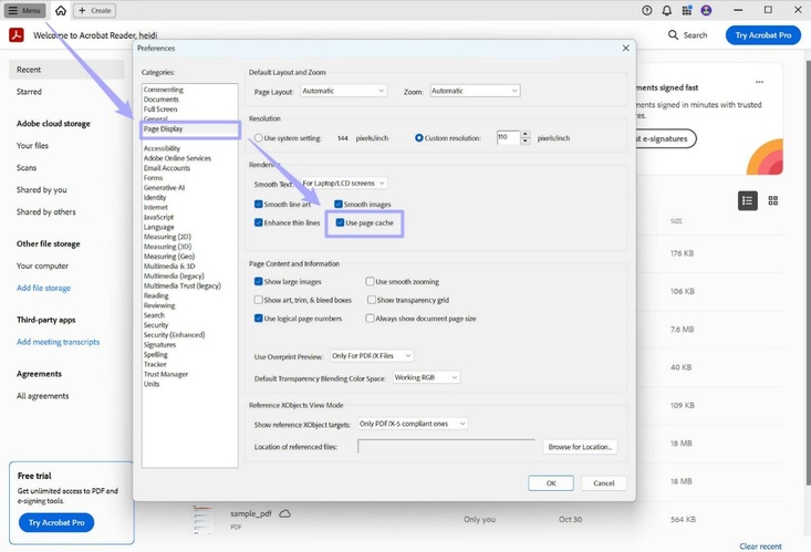 check the page cache setting