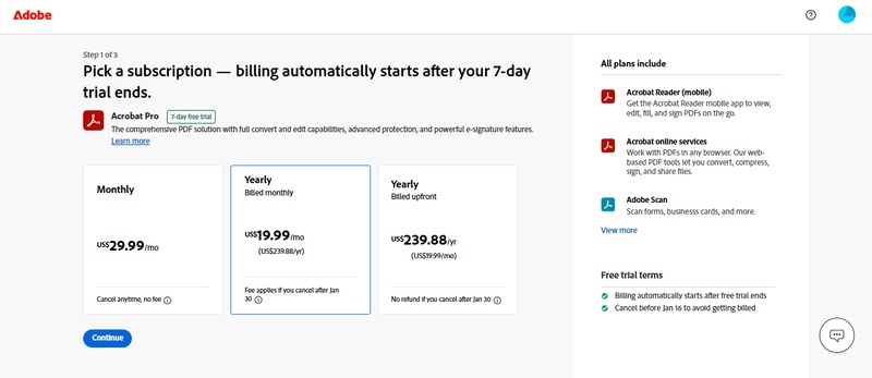 choose adobe acrobat pro free trial