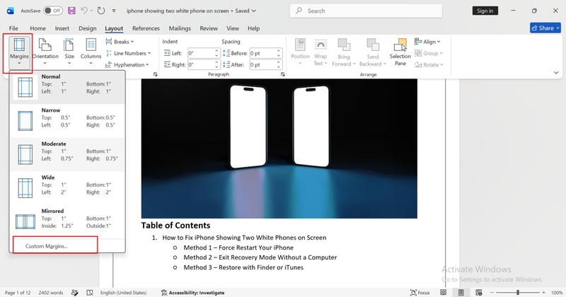 choose custom margins