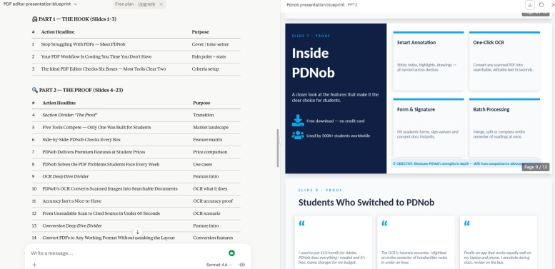 claude generating a powerpoint outline and slide structure for pdnob