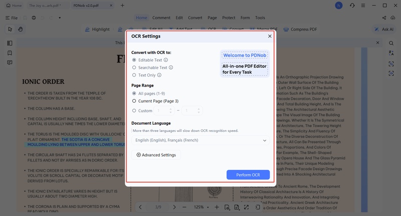 click perform ocr to clean up scanned pdf