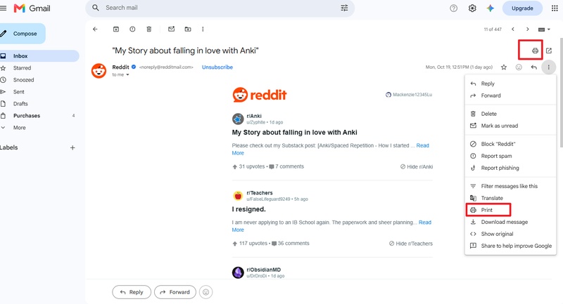 click print or dots in gmail