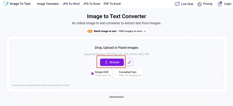click the upload button of image to text