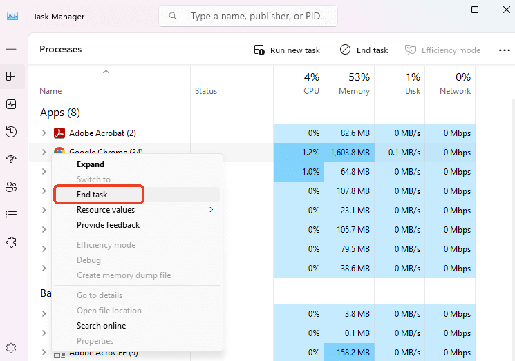 end task adobe acrobat