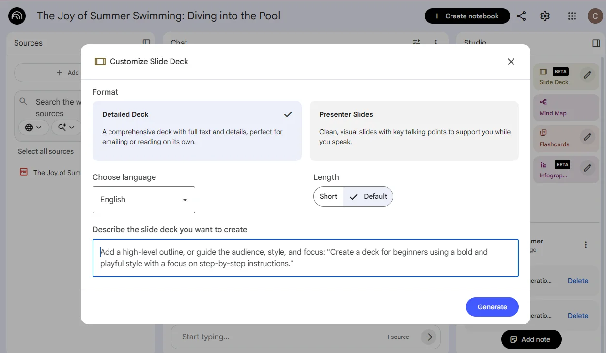 enter notebooklm prompt and customize slides settings
