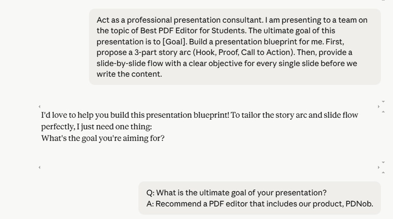 entering a presentation prompt in claude for a pdnob powerpoint workflow