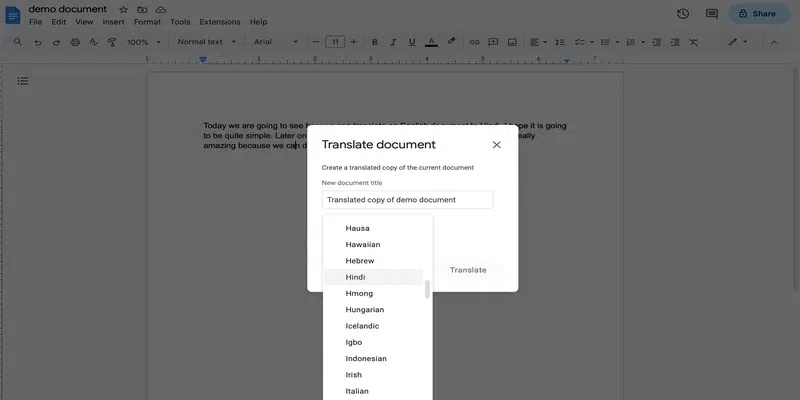 google docs translate