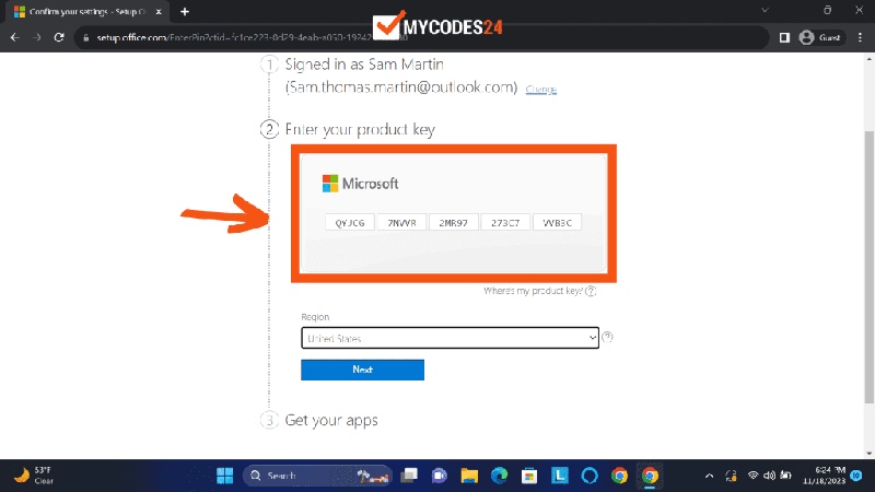 enter microsoft product key after signing in