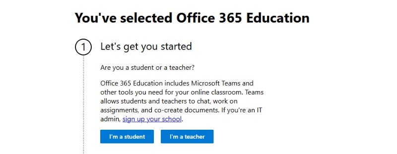 office 365 education select student or teacher identity