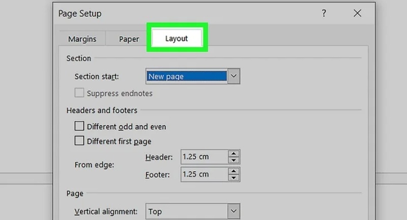 open section break settings