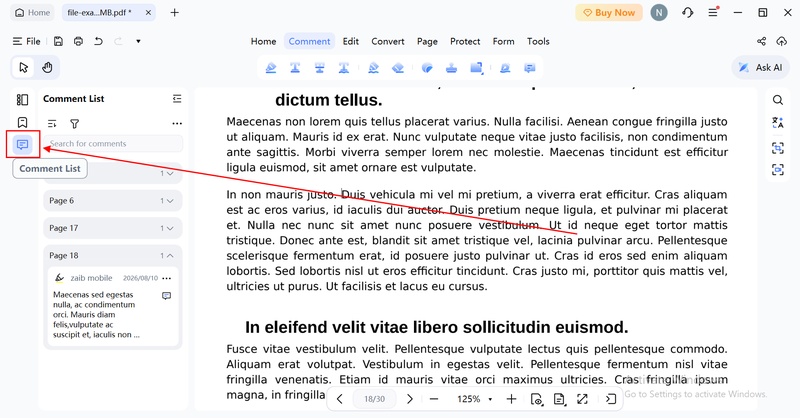 open the annotation or comment tools