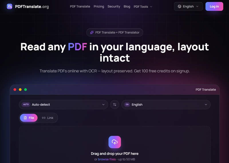 PDFTranslate.org PDF 翻譯介面