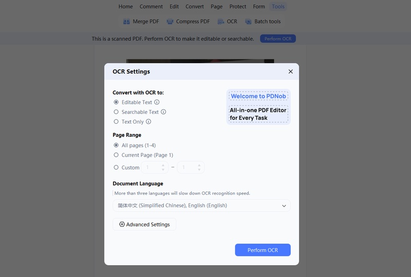 pdnob ocr settings panel