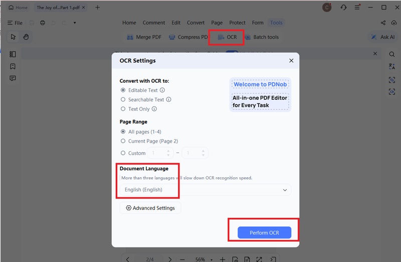 perform ocr in pdnob 2.0