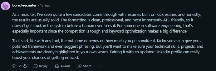 positive reddit comments on kickresume 2