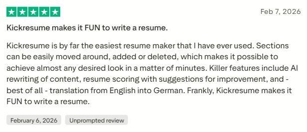 positive truspilot comments on kickresume