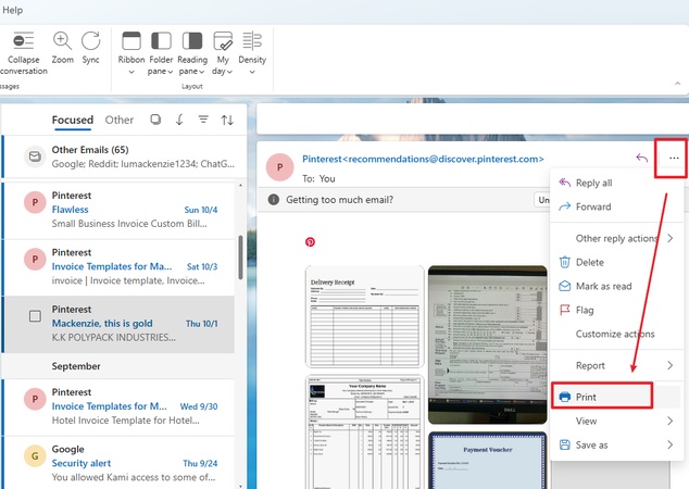 print outlook email