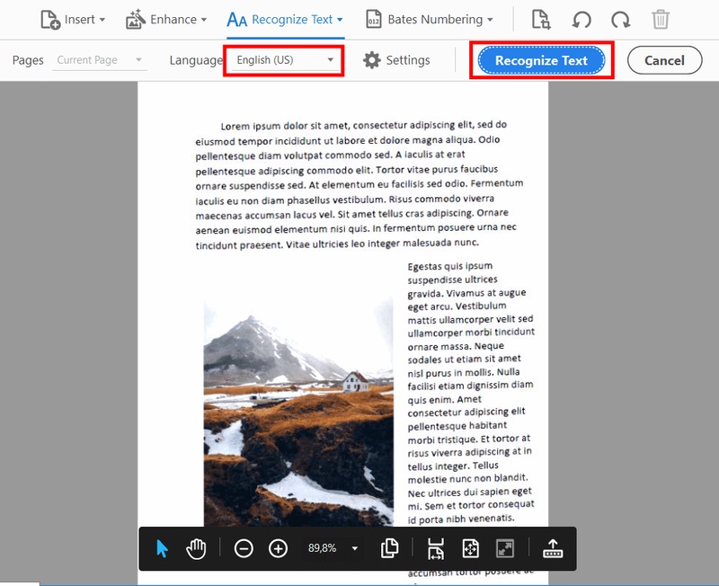 adobe pdf ocr recognize text interface