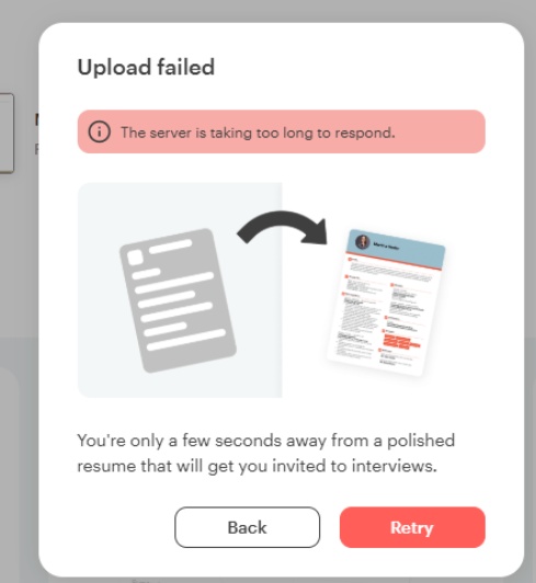resume upload failed in kickresume