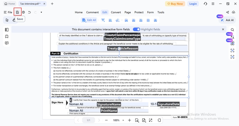 save the edited pdf