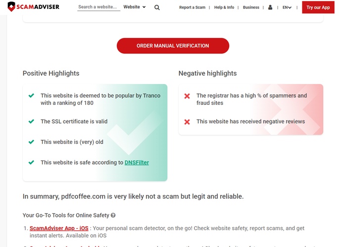 scamadviser pdfcoffee safety check