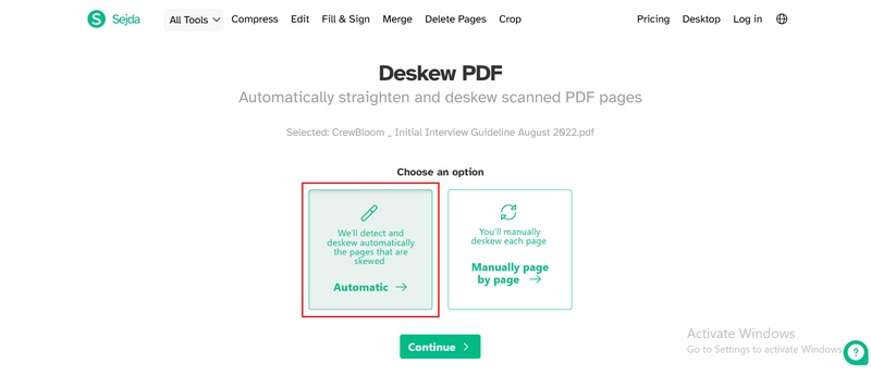 sejda deskew auto or manual option
