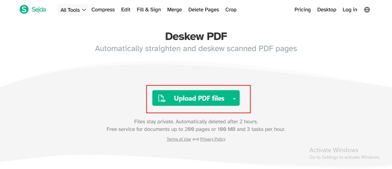sejda deskew pdf upload interface