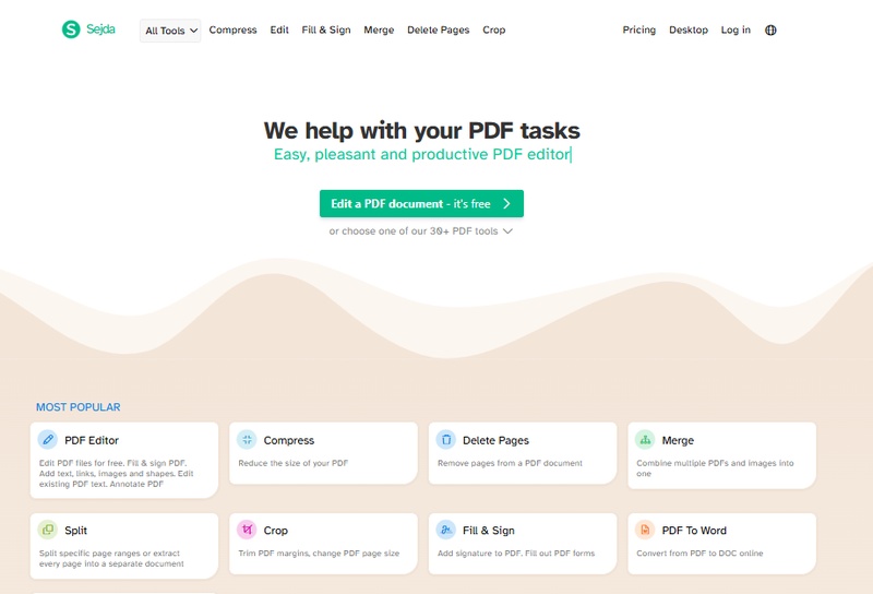 sejda online pdf editor homepage with pdf tools
