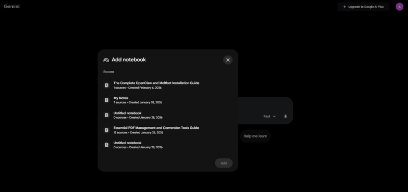 select notebook in gemini