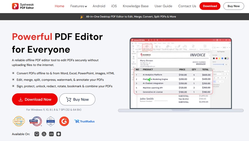 systweak pdf editor homepage
