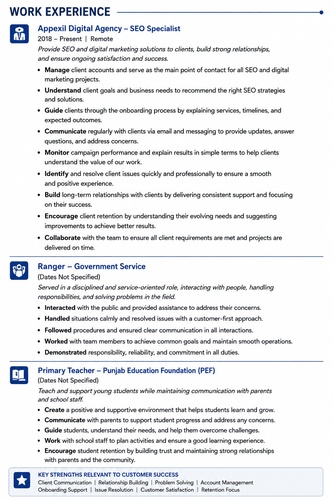 work experience section
